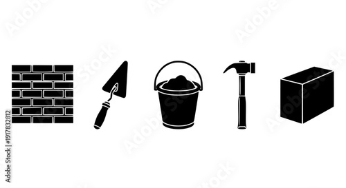 Collection of black silhouette icons representing essential masonry construction tools including brick pattern trowel bucket hammer and building block on transparent background