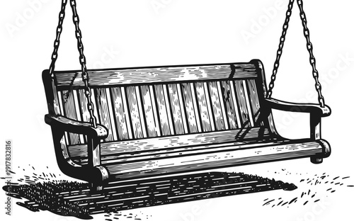 Wooden porch swing hanging on chains with shadow vintage garden outdoor furniture illustration