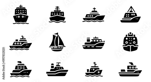 Collection of twelve distinct black silhouette icons depicting various maritime vessels including cruise ships yachts ferries sailboats and commercial watercraft on transparent background