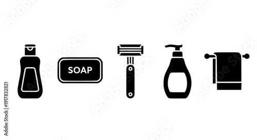 Essential black silhouette icons representing hygiene body care items including a shampoo bottle bar soap razor liquid dispenser and hanging towel on transparent background