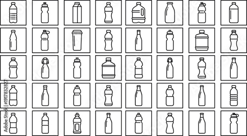 Large collection of minimalist line art bottle icons and vector illustrations featuring various water plastic beverage glass and liquid container symbols for product packaging design.