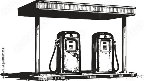 Vintage gas station illustration with two old fuel pumps under a canopy in black and white
