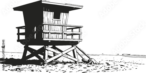 Lifeguard tower silhouette on rocky beach shore with stairs and railing, isolated black and white sketch
