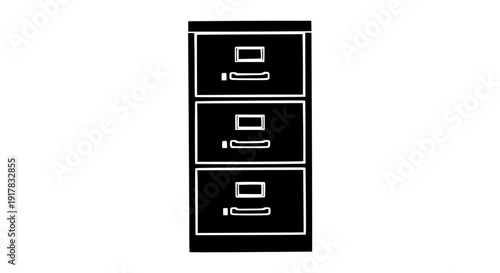 Simple black silhouette graphic icon depicting a vertical three-drawer metal filing cabinet storage unit for office organization on transparent background