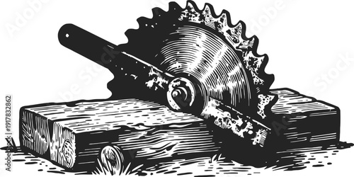 Vintage circular saw cutting wooden plank retro black and white woodwork tool engraving illustration