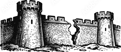 ancient stone fortress wall with round towers and a large visible crack in the middle