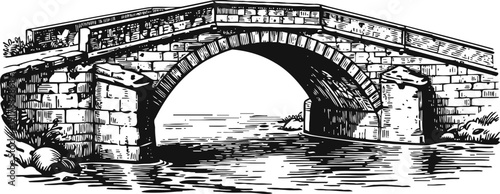 Stone arch bridge over calm river in black and white vintage engraving illustration