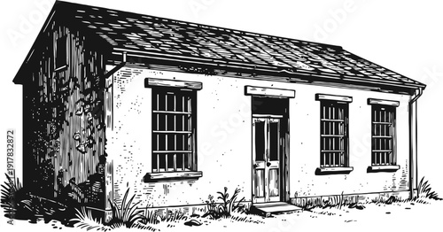 Vintage old wooden house drawing with windows and door, rustic countryside cottage illustration