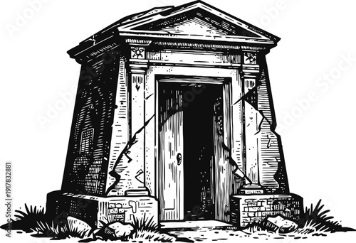 Ancient stone mausoleum with open door old crypt, tomb architecture, historic burial structure, mysterious entrance