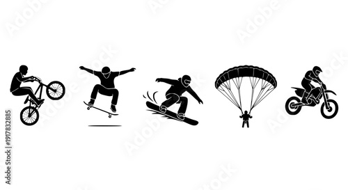 Collection of dynamic extreme sports silhouette icons featuring bmx trick, skateboarding aerial, snowboarding jump, parachuting descent, and motocross rider on transparent background