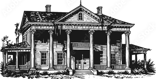 vintage southern mansion with tall columns and wraparound porch in classic architectural