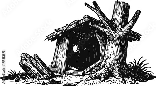 Old wooden animal shelter with tree stump and grass rustic abandoned hut in forest nature scenery illustration