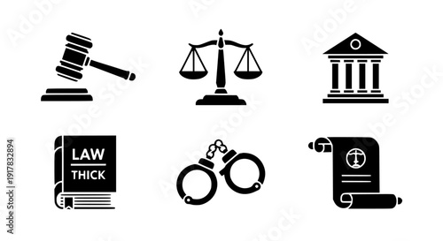 Collection of six black silhouette icons representing legal concepts including a gavel, scales of justice, courthouse building, thick law book, handcuffs, and parchment scroll on transparent backgroun