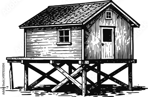Wooden stilt house illustration elevated cabin with support beams, window and door in black and white drawing