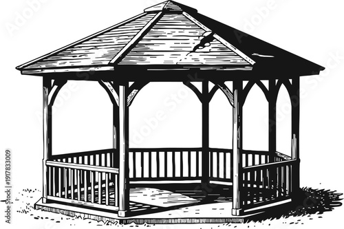Wooden gazebo with railing and pitched roof, outdoor garden pavilion structure illustration