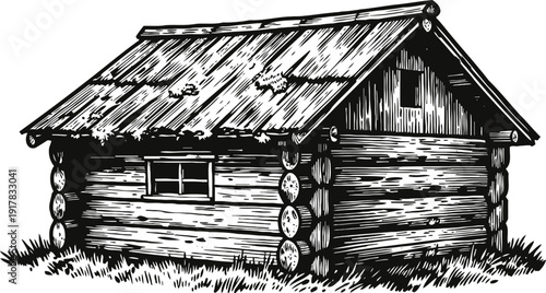 Rustic wooden log cabin with pitched roof and small window surrounded by grass in vintage sketch