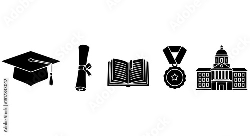 Graduation cap and tassel, rolled diploma certificate tied with ribbon, open textbook, achievement medal, and university building icons representing academic success achievement on transparent backgro