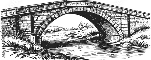 old stone arch bridge over calm river in natural landscape, vintage engraving illustration