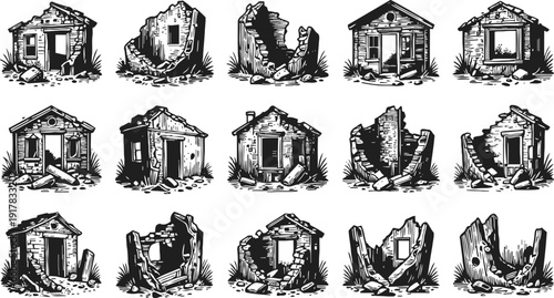 Set of abandoned ruined houses with broken walls and collapsed roofs in black and white vintage