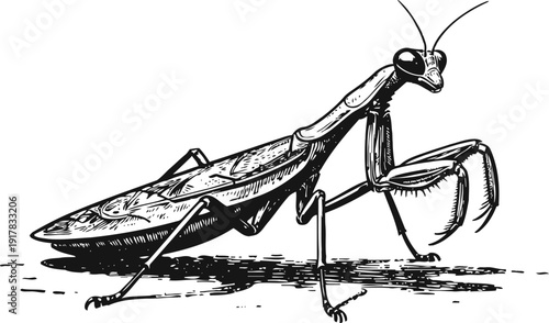 Detailed black and white illustration of a praying mantis insect with shaded texture and intricate line art