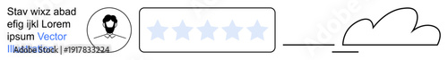 Online reviews, cloud storage, data sharing, feedback forms, user profiles, customer ratings. User icon next to starred ratings and cloud shape. Online reviews and cloud storage concept