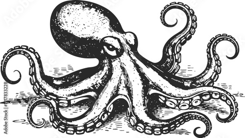 Black and white octopus illustration with intricate tentacles and detailed texture marine animal drawing