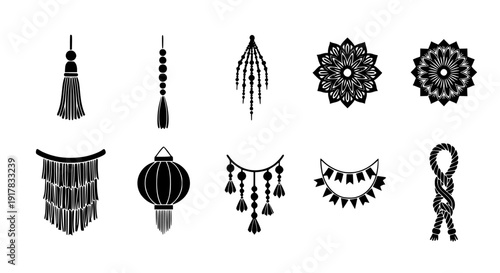 Collection of black silhouette decorative hanging ornaments tassels lantern mandalas bead garlands flags and knotted rope icons for cultural design elements on transparent background