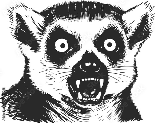 Fierce lemur face with bared teeth and wide eyes in black and white ink illustration