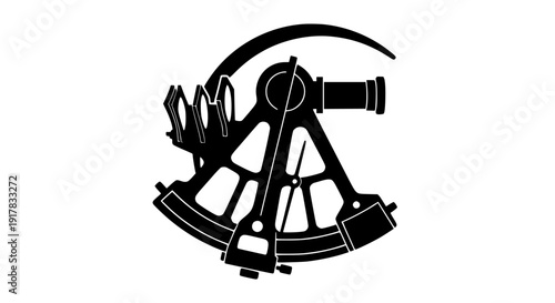 Detailed silhouette graphic representation of an antique brass navigation sextant instrument used for celestial altitude measurement on transparent background