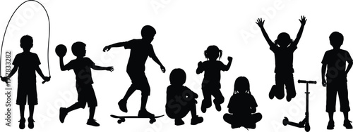 Active children silhouettes collection kids playing jumping skating and riding scooter isolated on white background playful flat vector illustration set