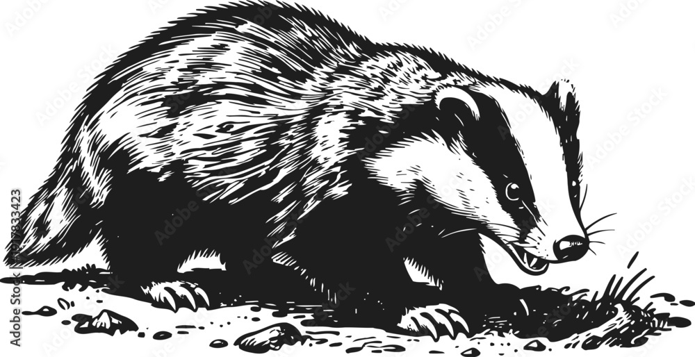 Fototapeta premium Black and white badger illustration digging ground with detailed fur and claws vintage