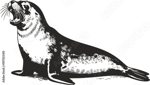 Black and white seal illustration marine animal roaring, detailed wild wildlife design