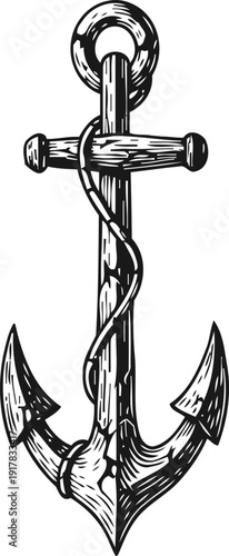 Vintage wooden anchor illustration with rope wrapped around classic maritime design