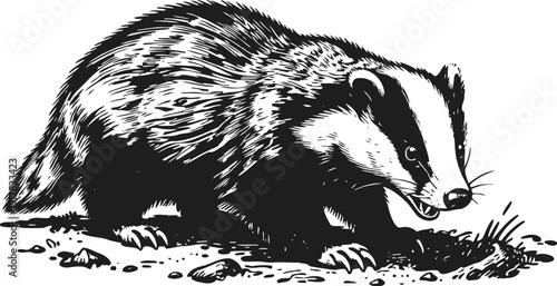 Black and white badger illustration digging ground with detailed fur and claws vintage