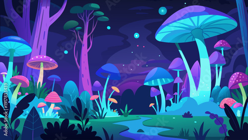 Dark forest with glowing mushrooms, plants, and small animals illuminating the night.