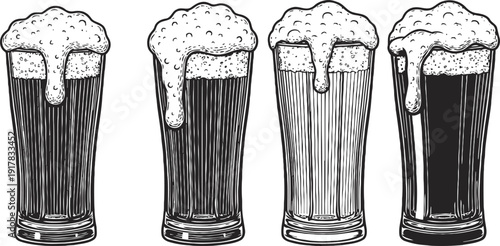 Set of four hand drawn beer glasses with foamy tops in vintage black and white