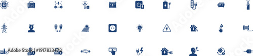 electricity icons silhouettes set featuring solar panels, high voltage towers, electric vehicle charging stations, wind turbines, smart home systems, and battery storage solutions.