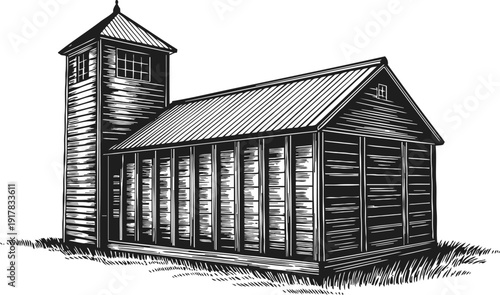 Old wooden barn with tall tower in rustic farm building with vertical planks and pitched roof