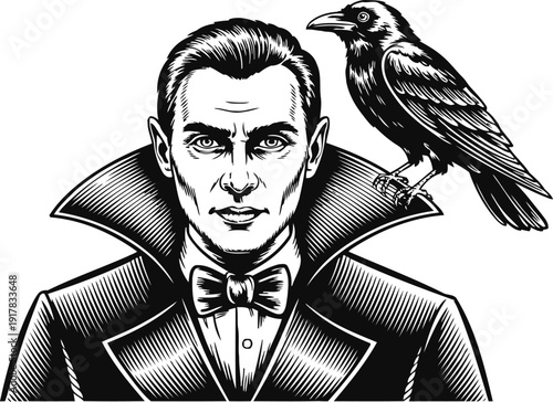 Vintage dracula vampire with a raven on his shoulder, gothic horror character illustration