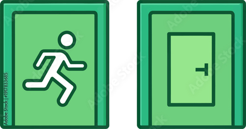 Emergency Exit Door Icons – Running Man and Door Safety Sign Illustration