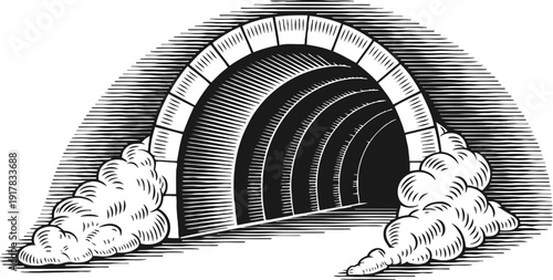 vintage black and white illustration of a tunnel entrance with smoke clouds on both sides
