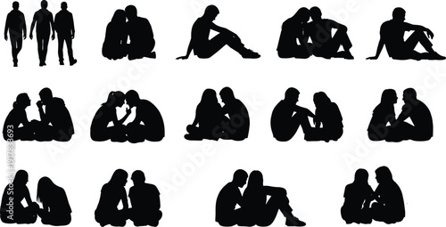 Romantic couple silhouettes sitting together expressing love intimacy communication trust companionship relationship concepts isolated on white background studio illustration design