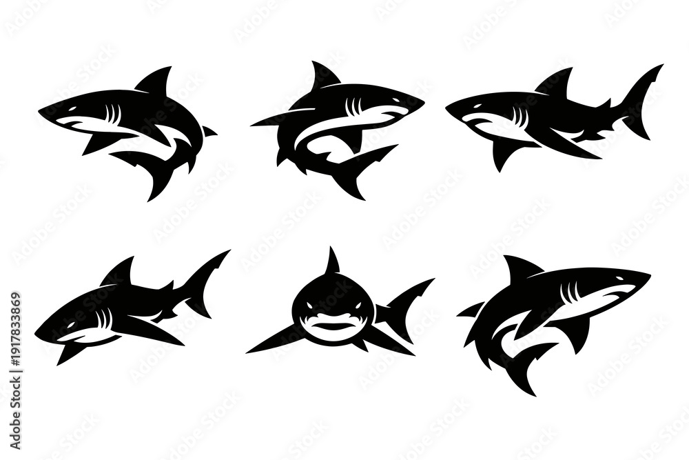 Obraz premium Collection of Shark Silhouettes in Various Poses Vector Set Black and White