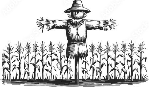 Vintage scarecrow standing in front of growing cornfield with detailed plants and rural landscape