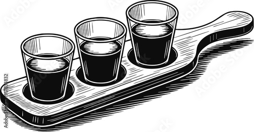 Three shot glasses filled with liquid on a wooden paddle tray, vintage black and white illustration