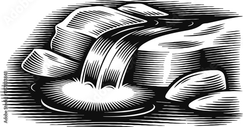 Black and white waterfall woodcut illustration with flowing water and rocks in nature