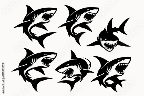 Set of Fierce Shark Silhouettes with Open Jaws and Sharp Teeth Vector
