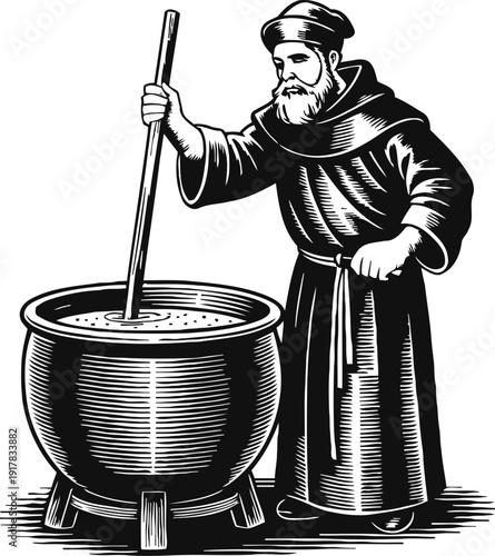 Medieval monk stirring large cauldron with wooden stick in black and white vintage