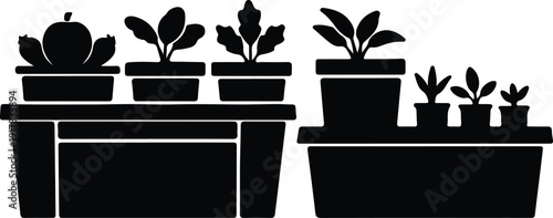 silhouette collection potted plants on shelves and stands vector design