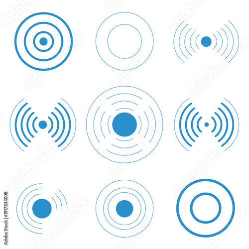 Blue radar, sonar, radio waves, and signal icons, radar signal wave icons in various circular and radiating styles, internet connection and radiation symbols for top ranked connectivity visual